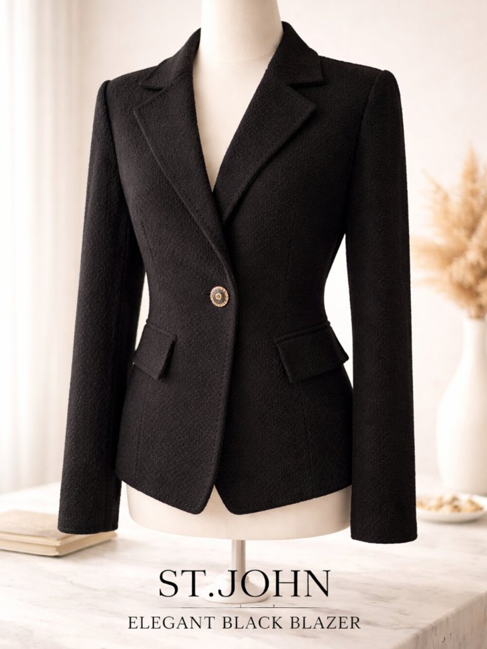 St. John Knit Blazer Size 8 Black One Button Closure